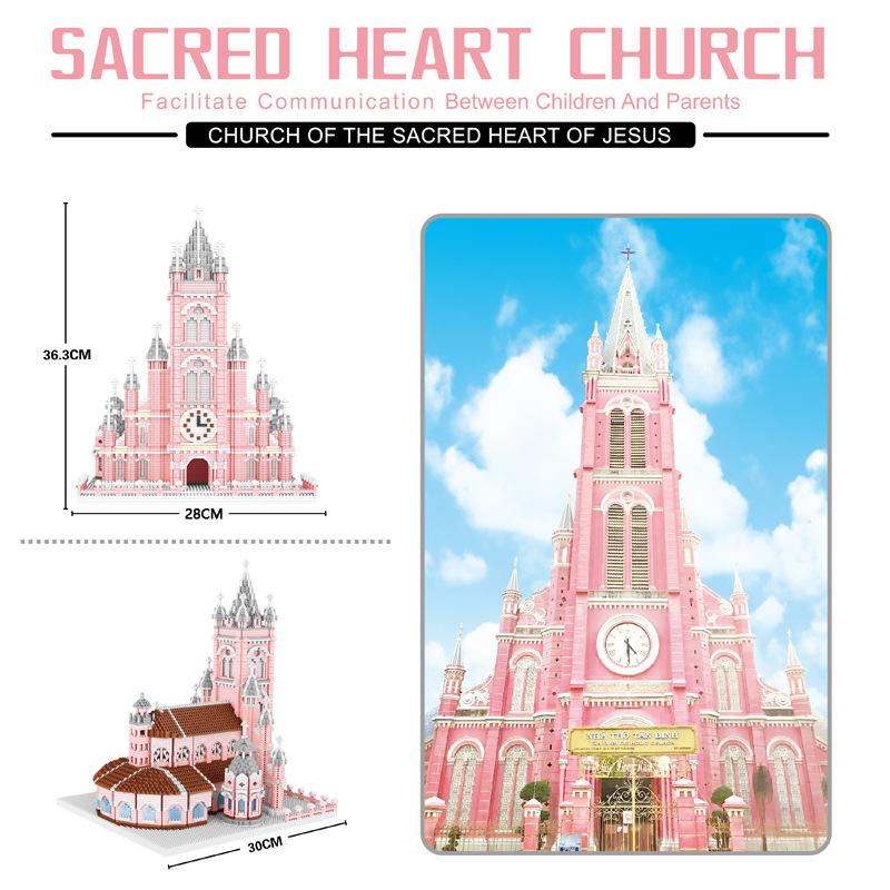 Creative Vietnam Pink Sacred Heart Church Of Jesus Building Brick Micro Diamond Block World Famous Architecture Nanobricks Toys