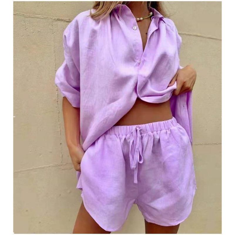 Damen Unifarbene Kurzarmhemd Shorts Lässiges Set