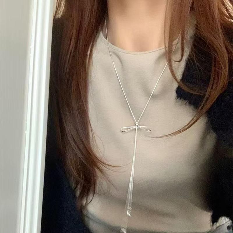 Simple Exquisite Bowknot Drawstring Long Necklace For Women Girls Versatile Sweater Chain Temperament Necklace Gifts
