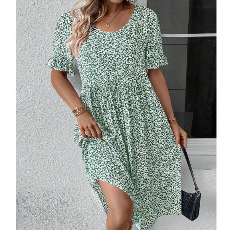 

Женское платье с цветочным принтом, короткими рукавами и оборкой по низу, круглым вырезом, А-силуэтом, повседневное летнее платье XXL светло-зеленый