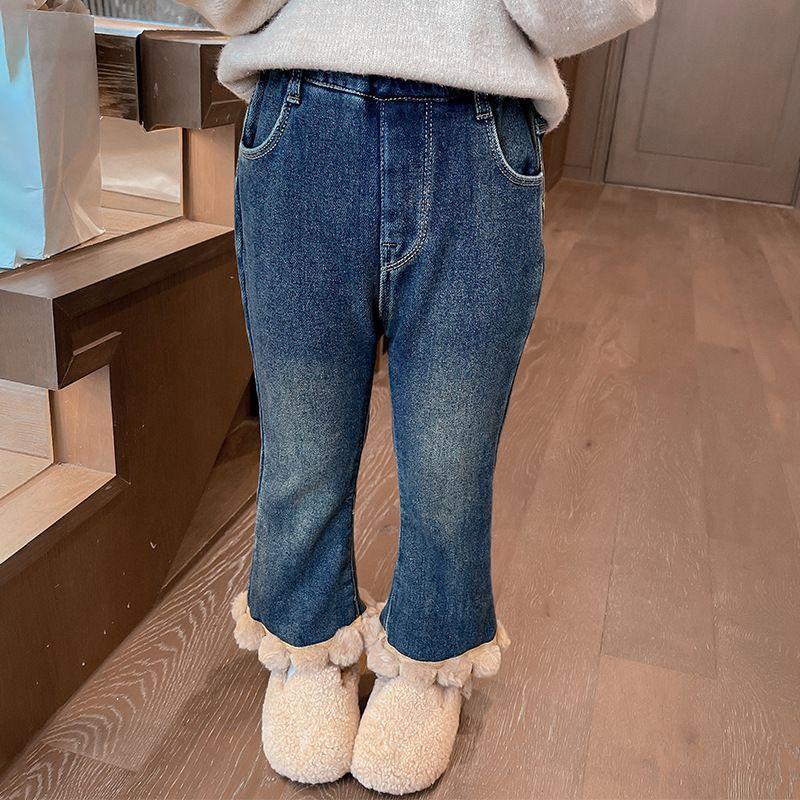 

Девочки Брюки Флис Джинсы Осенне-зимняя одежда для маленьких девочек Повседневная Стильная Флисовая Верхняя одежда Расклешенные брюки Домашняя одежда 80