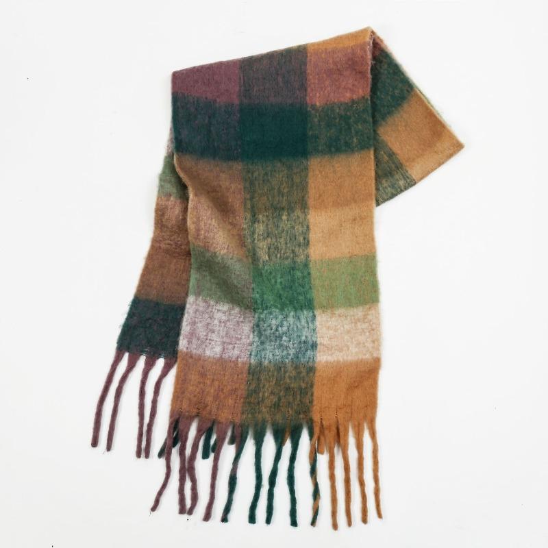 High-end color matching mohair scarf women's autumn and winter warmth thickened versatile plaid tassel