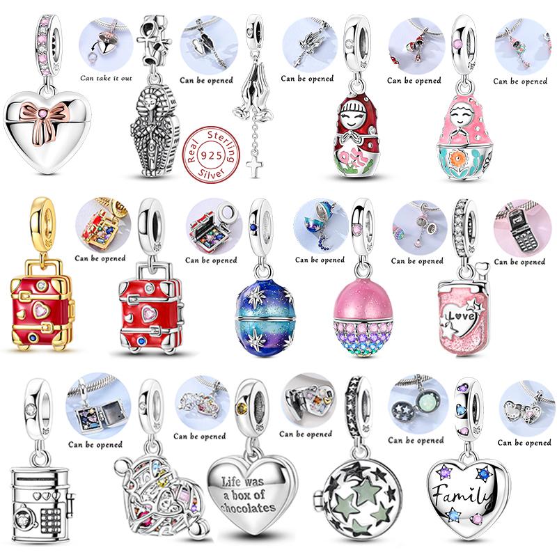 Charms Beads Pendant Copper Openable Heart Suitcase Egg Charm Fit Original Bracelet Women Man Diy Fine Jewelry Gift