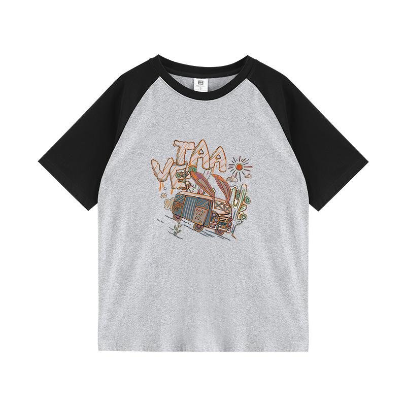 Ladies Summer Short Sleeve Round Collar Color Block Cartoon Printed Loose Pullover Casual T Shirt Top