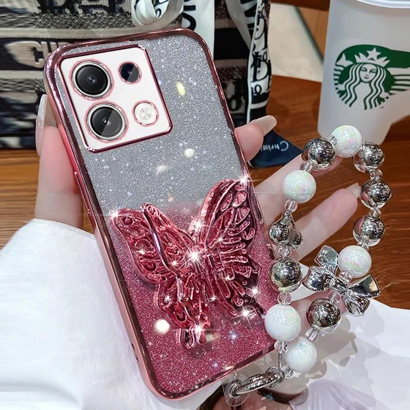 3D Butterfly Phone Holder Bead bracelet Glitter Plating Case for Xiaomi Redmi Note 13 Pro Plus 4G 5G Back Cover