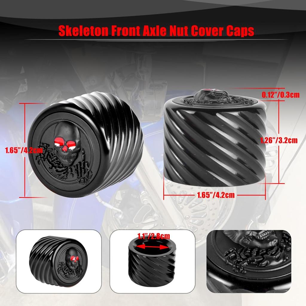 Goldfire Front Axle Bolt Covers, Black Billet 3D Machined Skeleton Skull Axle Covers Wheel Axle Caps Compatible for Harley 2002-2023 Harley Softail