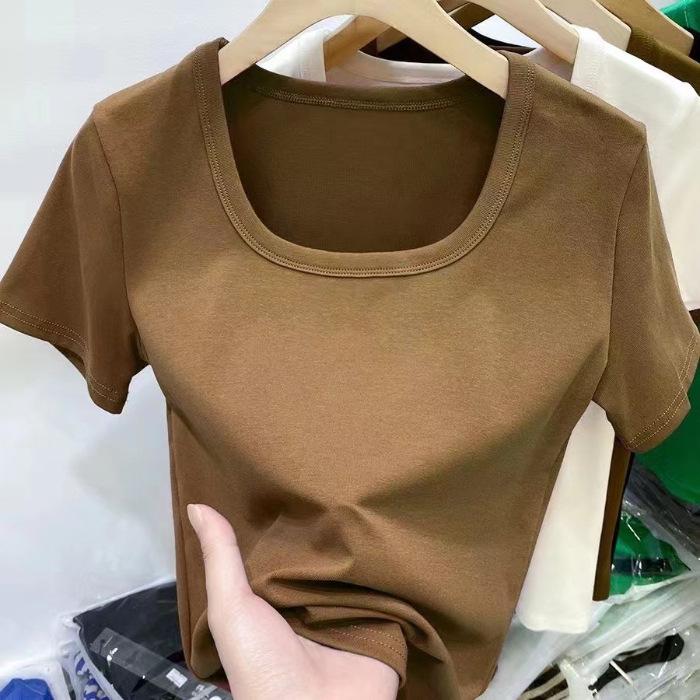 Women's Slim Fit Square Neck Short-Sleeve Tee - Summer Thin, Figure-Flattering, Pure Style, Plain Color Trendy Top