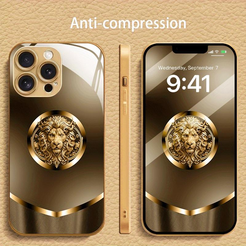 Simple Golden Lion Pattern Gold Metallic Paint Glass Phone Case For iPhone 17 16 15 14 13 12 11 Pro Max 14 Plus 17 Air 16E Cover