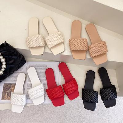 Women's Slippers 2025 Summer Selling Sexy Braided Red Square Toe Flat Flip-Flops Fashion Beach Mules Casual Indoor Home Slippers