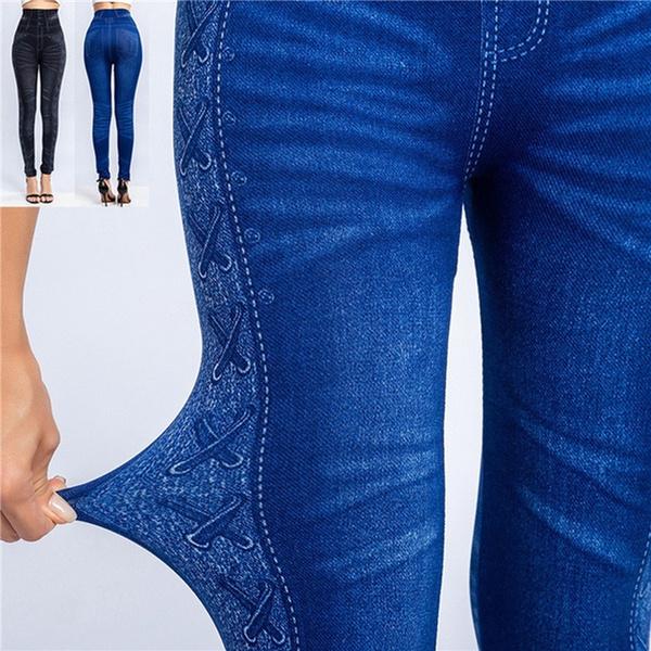 Women Sport Lady Denim Fake Jeans Leggings Jeggings Streth Pants with Pockets Blue Black Slim Leggings Jeans Skinny Trousers Tight XS-3XL