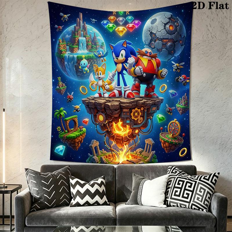 Hedgehog Sonic Green Wall Hanging Printed Fabric Blanket Decorative Tapestries for Bedroom Living Room Home Decor