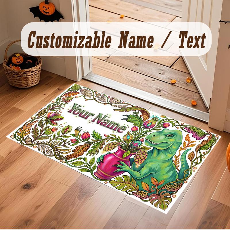 Dinosaur Theme Soft Crystal Velvet Rug Custom Name & Text Print Non Slip Floor Rug for Bedroom Living Room