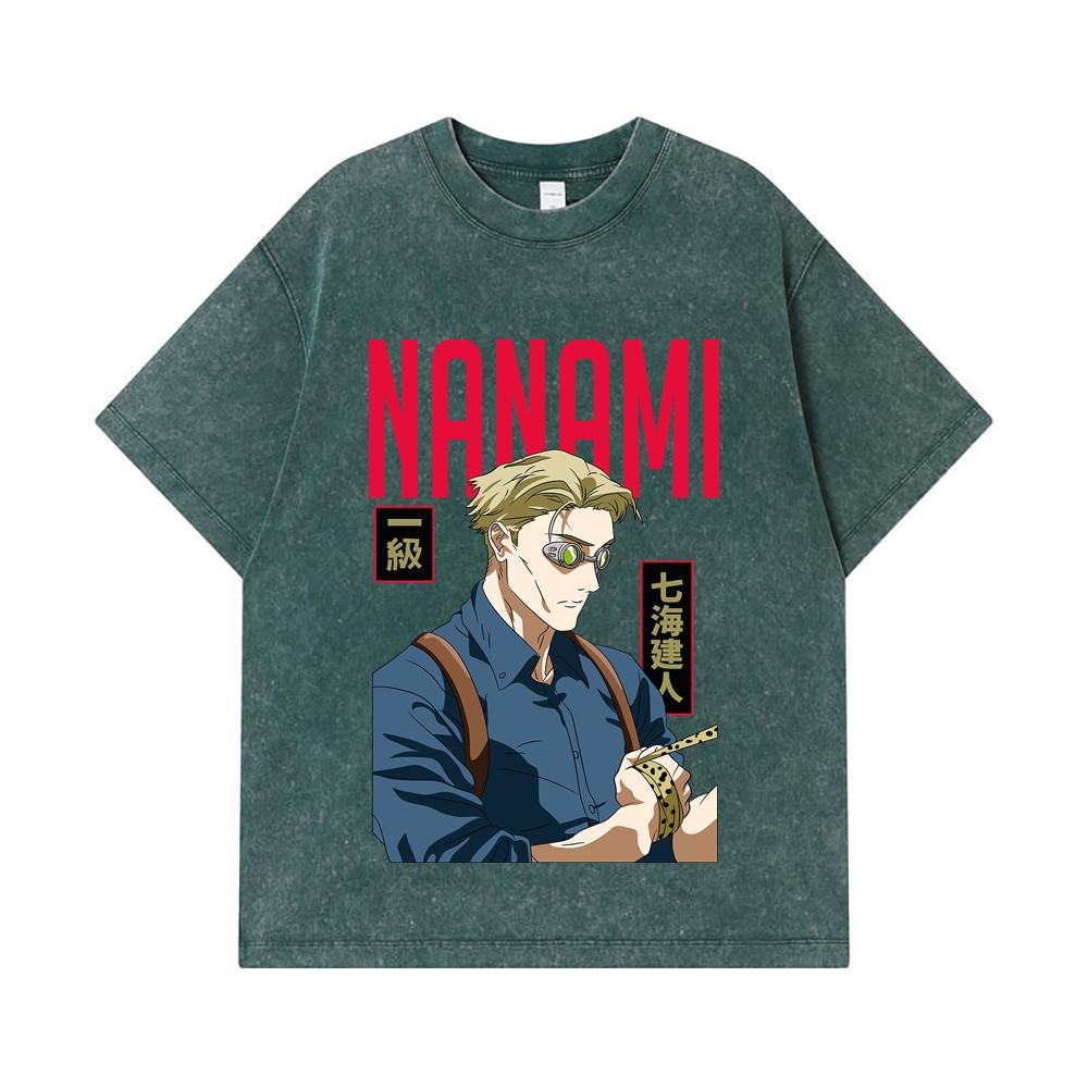 275 GSM Washed T-shirts 100% Cotton Jujutsu Kaisen V60 Nanami Print Unisex Heavy Cotton T Shirt