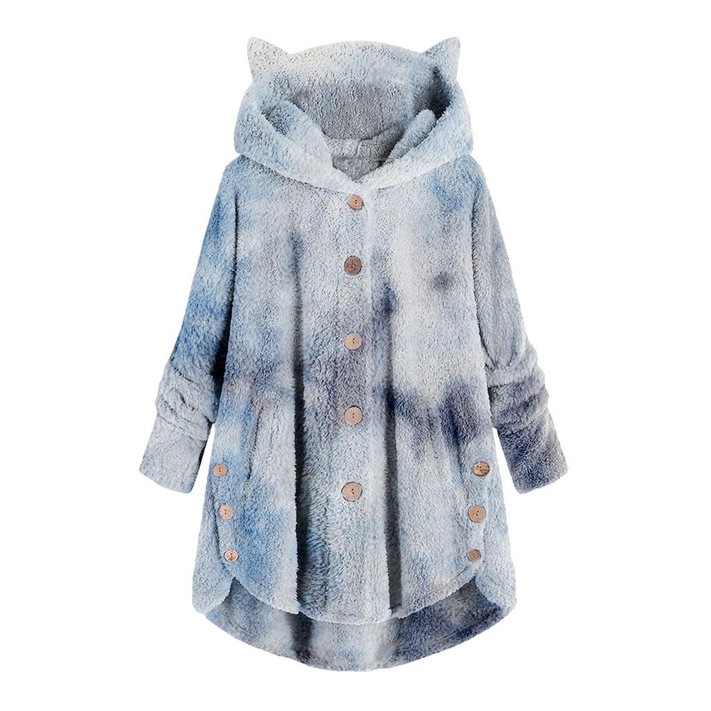 Women Fashion Plush Pocket Winter Tie-dyed Long Sleeve Keep Cat Ears Warm Coat