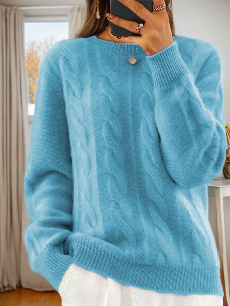 

2026 Women s Autumn/Winter Casual Cable Knit Sweater - Solid Color Round Neck Pullover Extra Large