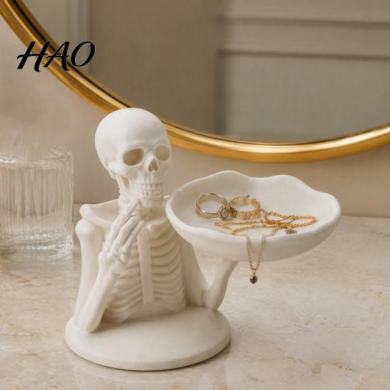 Gothic Home Decor Halloween Skeleton Storage Tray, 3D Printed Spooky Skull Jewelry Holder, Creative Tray Desktop Ring Organizer for Entryway,