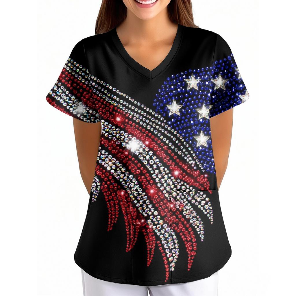 Women's Independence Day Printed Loose V-Neck Pocket Short-Sleeve Caregiver/Uniform