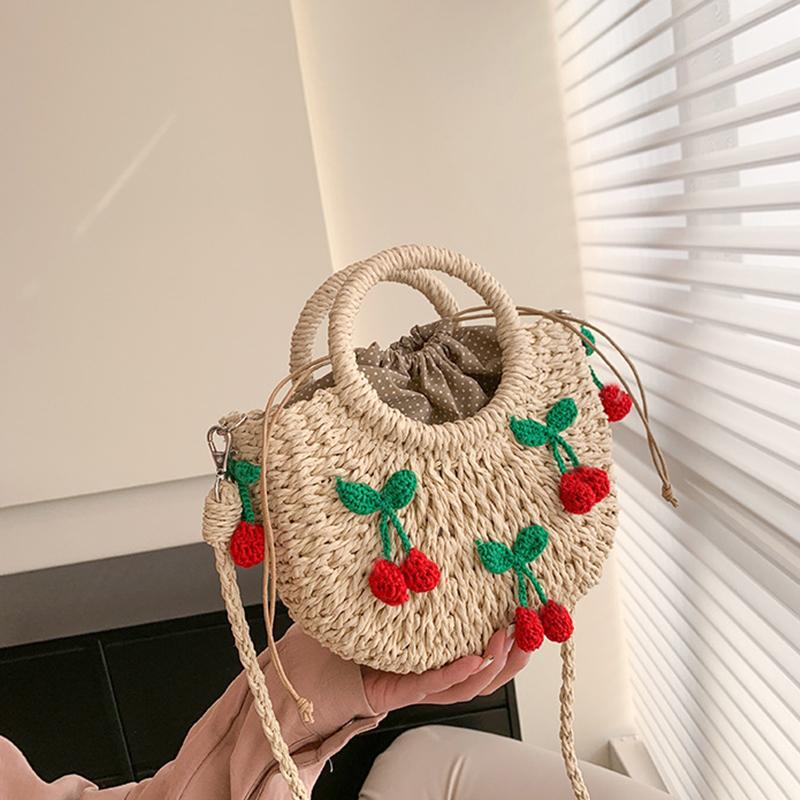 Yogodlns Bolsa de Palha Cereja Feminina Bolsa de Mão Tecida à Mão Formato de Lua Bolsa de Rattan Grande Capacidade Cordão Casual Bolsa de Ombro Cruzada para Praia