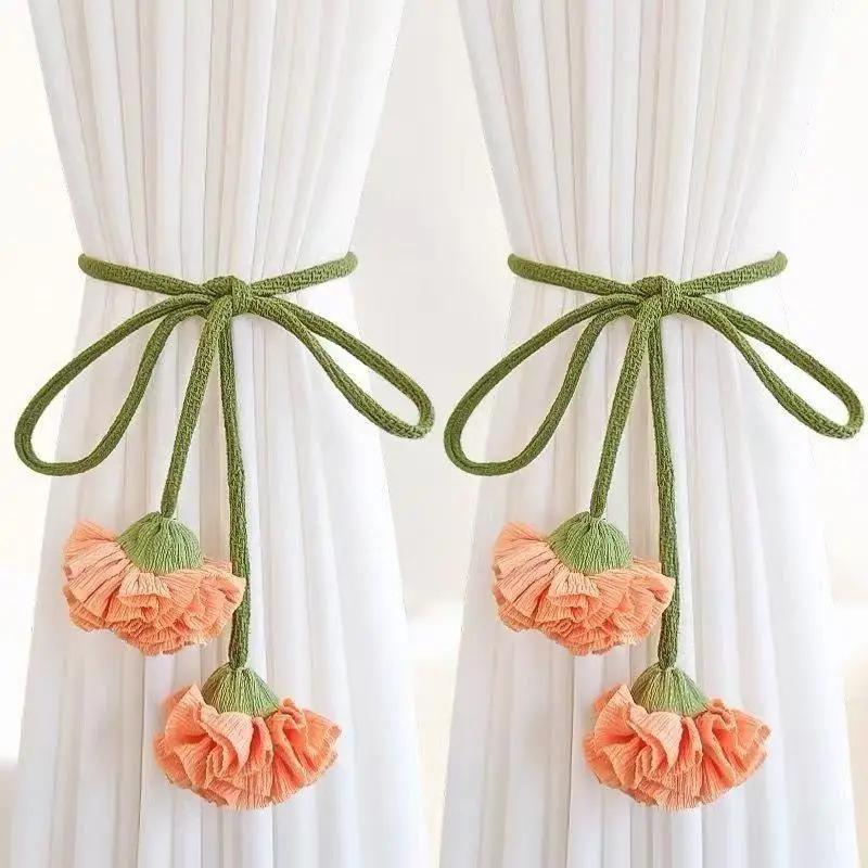 Elastic Band Curtain Tieback Flower Shape Adjustable Window Curtain Buckles Tassels No Punching Curtain Rope Holders Kids Room