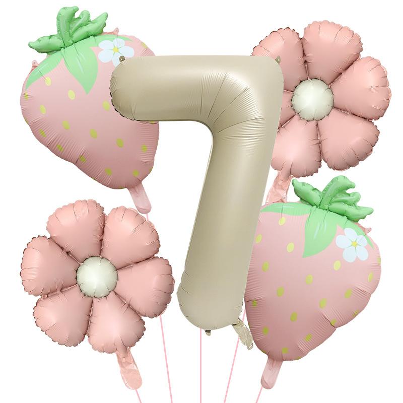 5Pcs Matte Milk White Fruit Strawberry Flower Foil Balloon with 32inch Number Balloon Berry First Birthday Summer Party Supplies