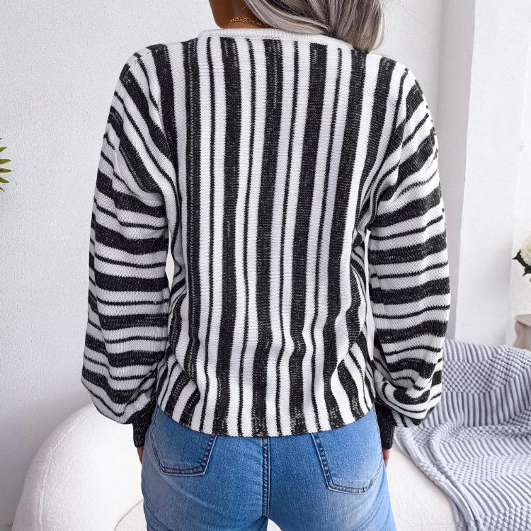 Chic Women's Loose Knitted Sweater with Balloon Sleeve and Contrast Stripe Tie, All Match Tops for Fall Winter