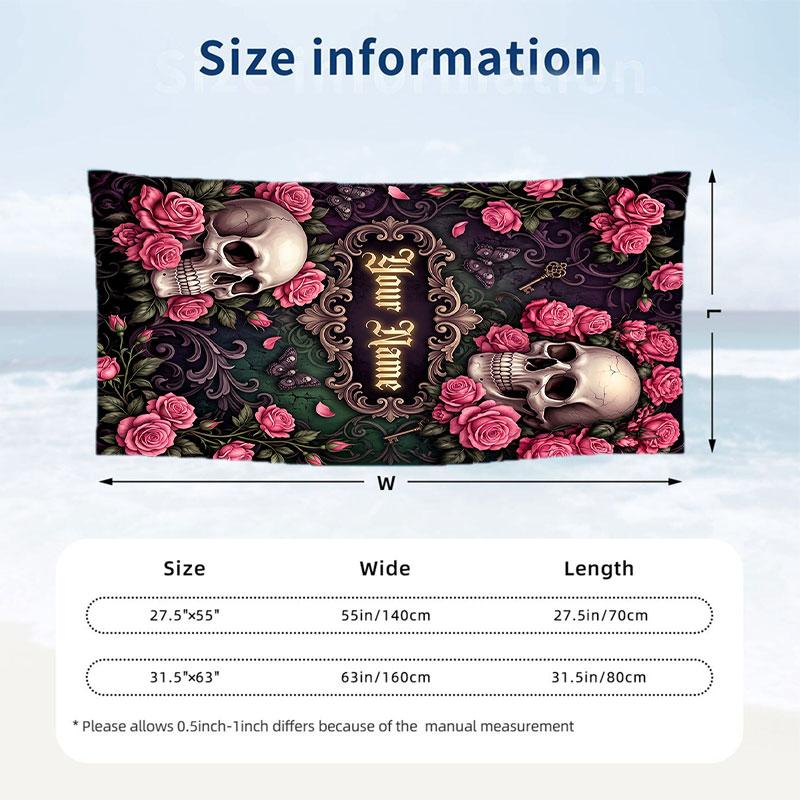 Skull Floral Fantasy Theme Quick Dry Beach Towel Custom Name Text Print Large Sand Resistant Towel Beach Vacation