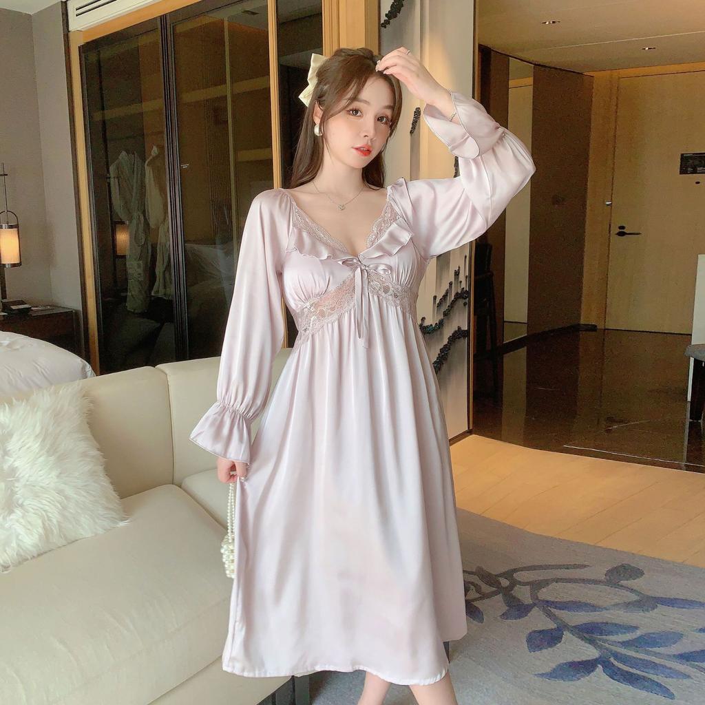 Ice Silk Pajamas Women's Spring and Summer Models with Chest Pads, New V-neck Long-sleeved Pajamas Can Be Worn Outside, Fairy Style Loungewear