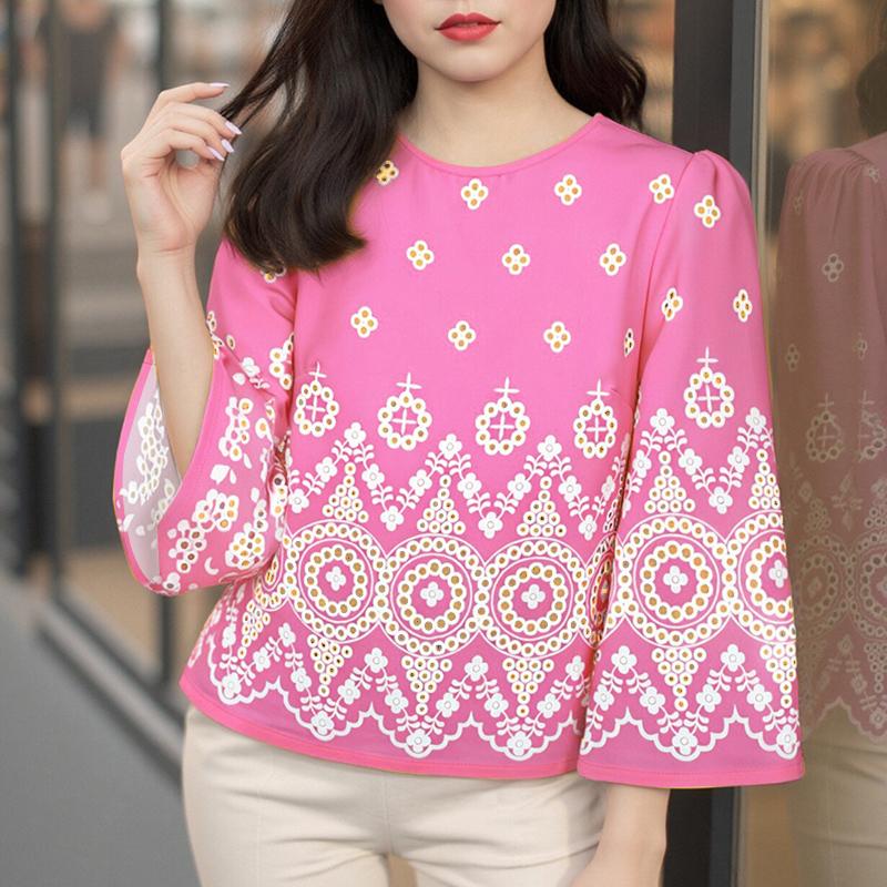 

ZANZEA Повседневная блузка свободного кроя с круглым вырезом и рукавами 3/4 с этническим принтом 5XL