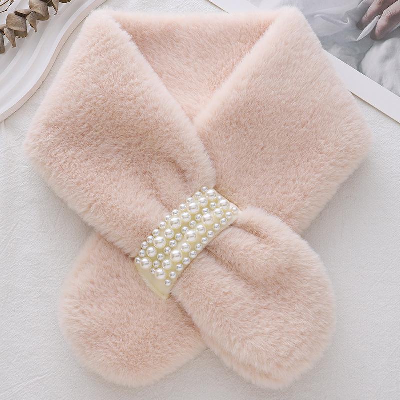 Winter Pearl Thick Warm Korean Girl's Scarf: Imitation Rex Rabbit Fur with Cross Design
