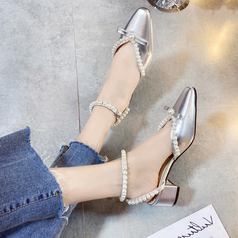 Fransk flickbåge pärlväska huvud enkelskor damklack tjock klack retro Mary Jane-skor 2025 nya sandaler