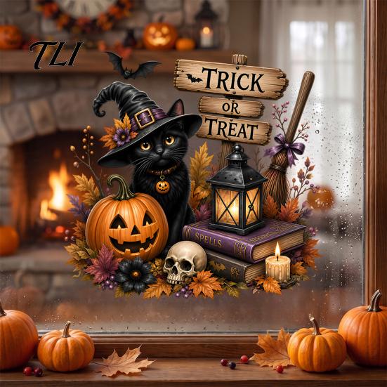 Static Cling Decals Halloween Witch/Black Cat Glass Stickers, Double-sided PVC Waterproof Window Clings, Removable Decor with Pumpkins Skulls