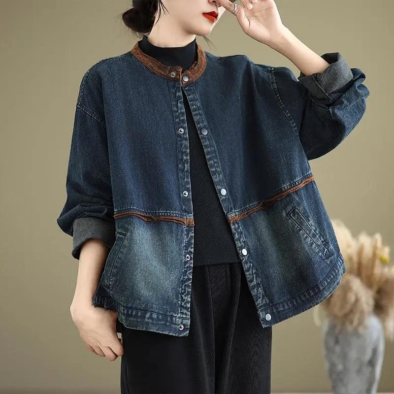 

Весна Осень Женская Круглая Горловина Свободная Удобная Ретро Повседневная Плюс Размер Джинсовая Куртка Для Женщин M темно-синий