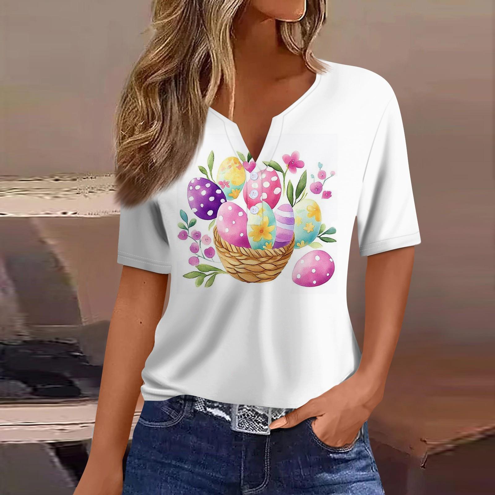 

Жен. Футболка С принтом Пуговицы С короткими рукавами Повседневные Выходные Мода Классический V-образный вырез Обычный Верх M розовый