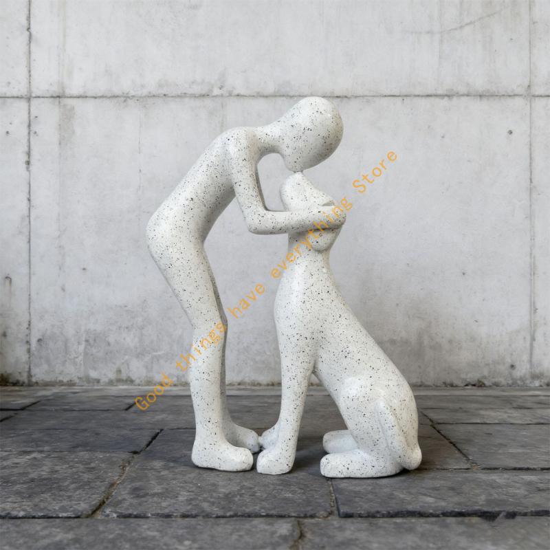 Man and Dog Statue Human Dogs Figurines Sculpture Modern Home Office Decors Friendship Remembrance Gift for Pet Lover 55KF
