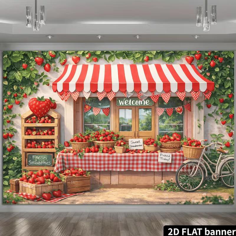 2D Summer Fruit Party Background Cloth Strawberry Shop Banner for Outdoor Decor