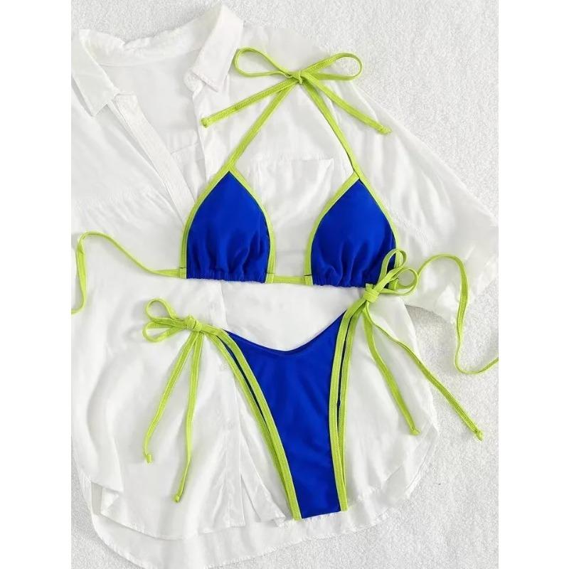 

Sexy Lace Up Contrast Color Bikinis Set Women Split Swimsuit Beach Bikini 2026 New All Season Backless Bikinis 2 Piece Set S