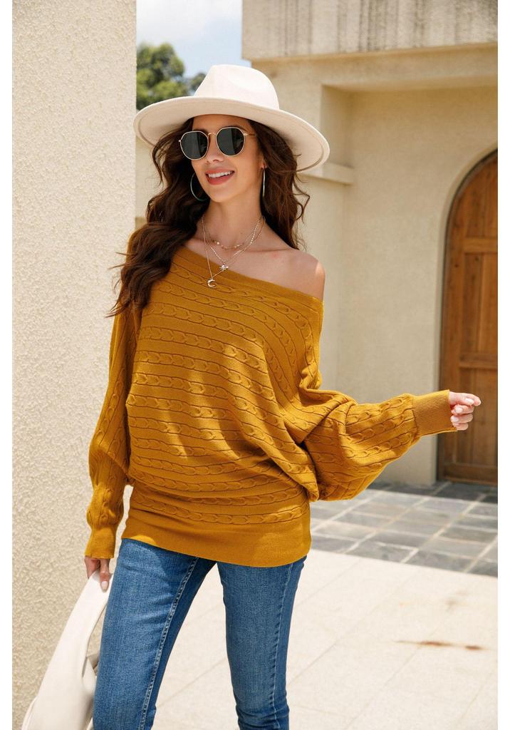 Autumn Winter Women's Plus Size One-Shoulder Cable Knit Batwing Sweater Pullover
