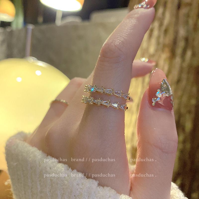 Double Row Pave Diamond Adjustable Open Ring - Women's Trendy Cold Style Niche Design