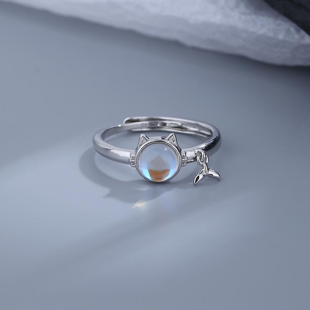 God Meowning Iridescent Månestein Kattunge Fiskehale Ring - Søt Bestie Qixi-gave