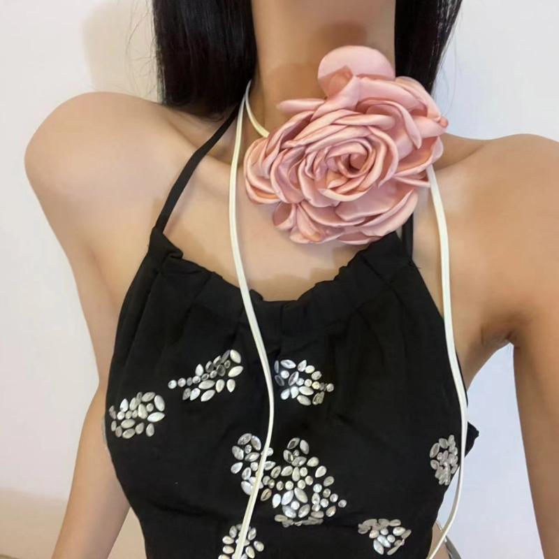 Exaggerated Flower Rope Necklace Eye catching Tie Up Floral Choker Chain Jewelry for Women Elegant Flower Necklace