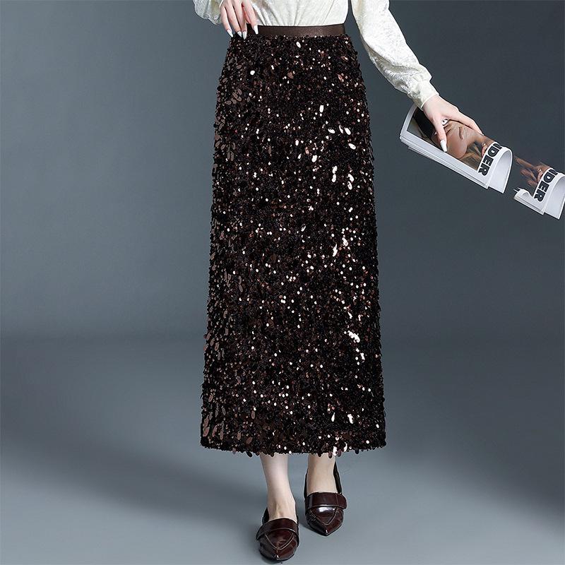 Winter Women's High-Waisted Velvet Sequin Bodycon Skirt - Stylish, Slimming, and Hip-Covering Design