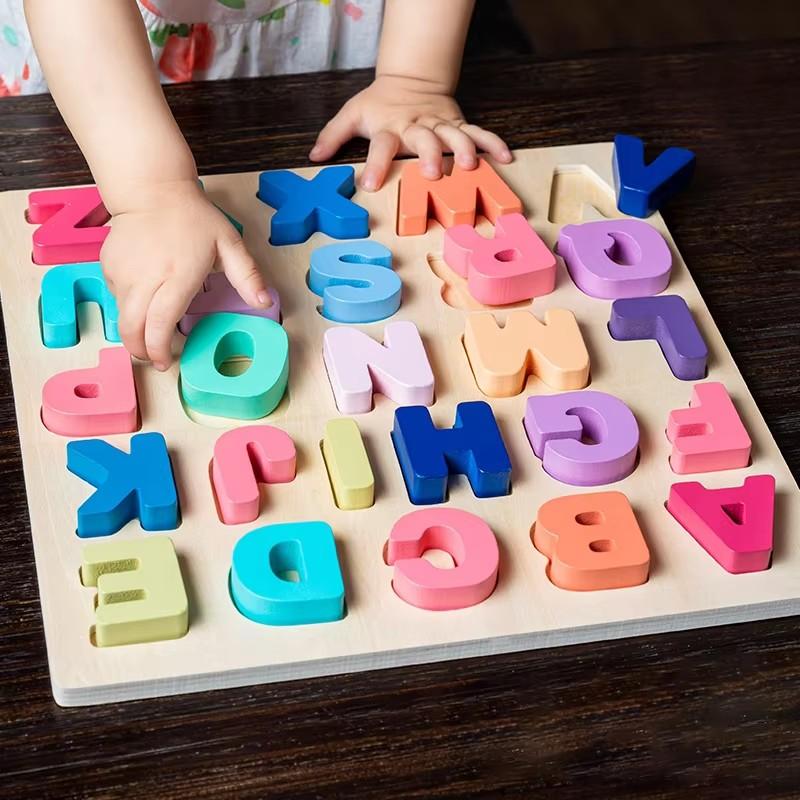 Wooden Puzzle Kids Montessori Toys for Baby 1 2 3 Years Old Alphabet Number Shape Matching Games Children Early Educational Toys