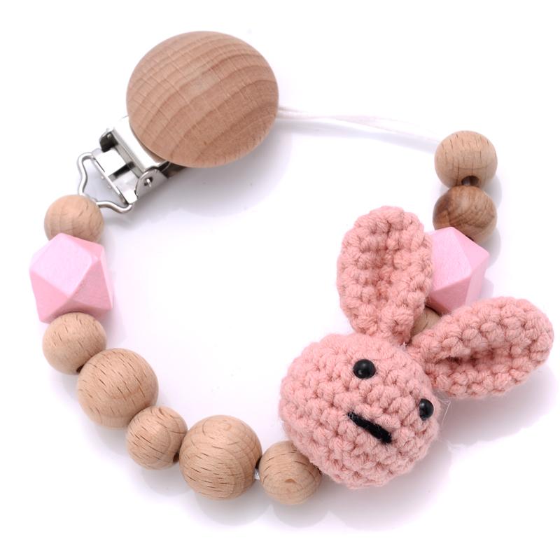 Nursing Chew Toy Baby Dummy Holder Chain BPA Free New Baby Wooden Pacifier Clip Wood Crochet Rabbit Teething Soother Chain