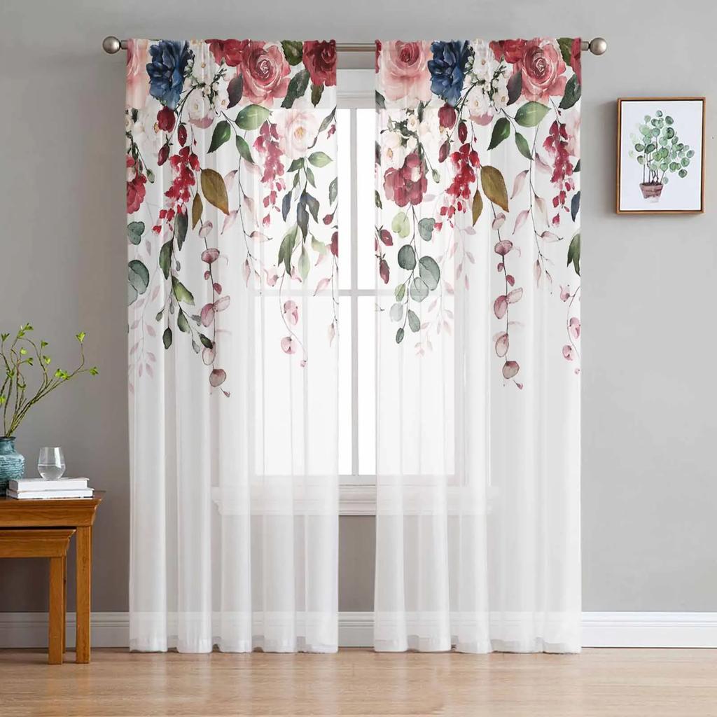 Wedding Flowers Rose Sheer Curtains Living Room Window Tulle Curtains For Bedroom Kitchen Home Decoration Voile Drapes