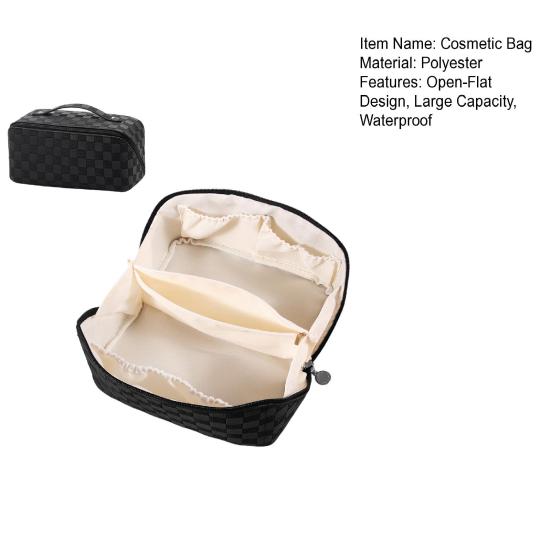 Travel Cosmetic Bag Waterproof Large Capacity Checkered Makeup Bag Open Flat Toiletry Bag for Women Skincare Brushes