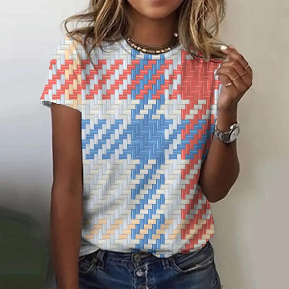 Plaid Printing Women's Printing Fashion Crew Neck Short Sleeve Casual Daily Wide T-Shirt Clothing