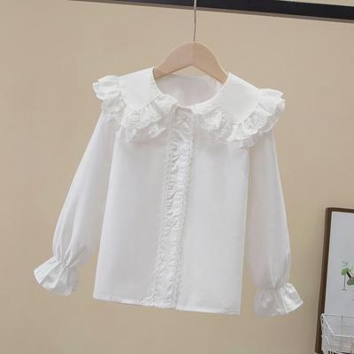 2024 Girls' Spring White Cotton Lace Doll Collar Long Sleeve Shirt