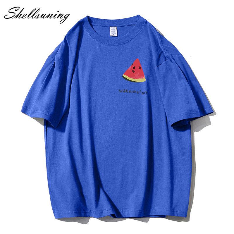 Shellsuning Tricouri casual din bumbac de vară cu decolteu în formă de O Tricouri cu grafic pentru femei drăguț pepene verde pentru femei, simplu, la modă, cu mâneci scurte, topuri fete