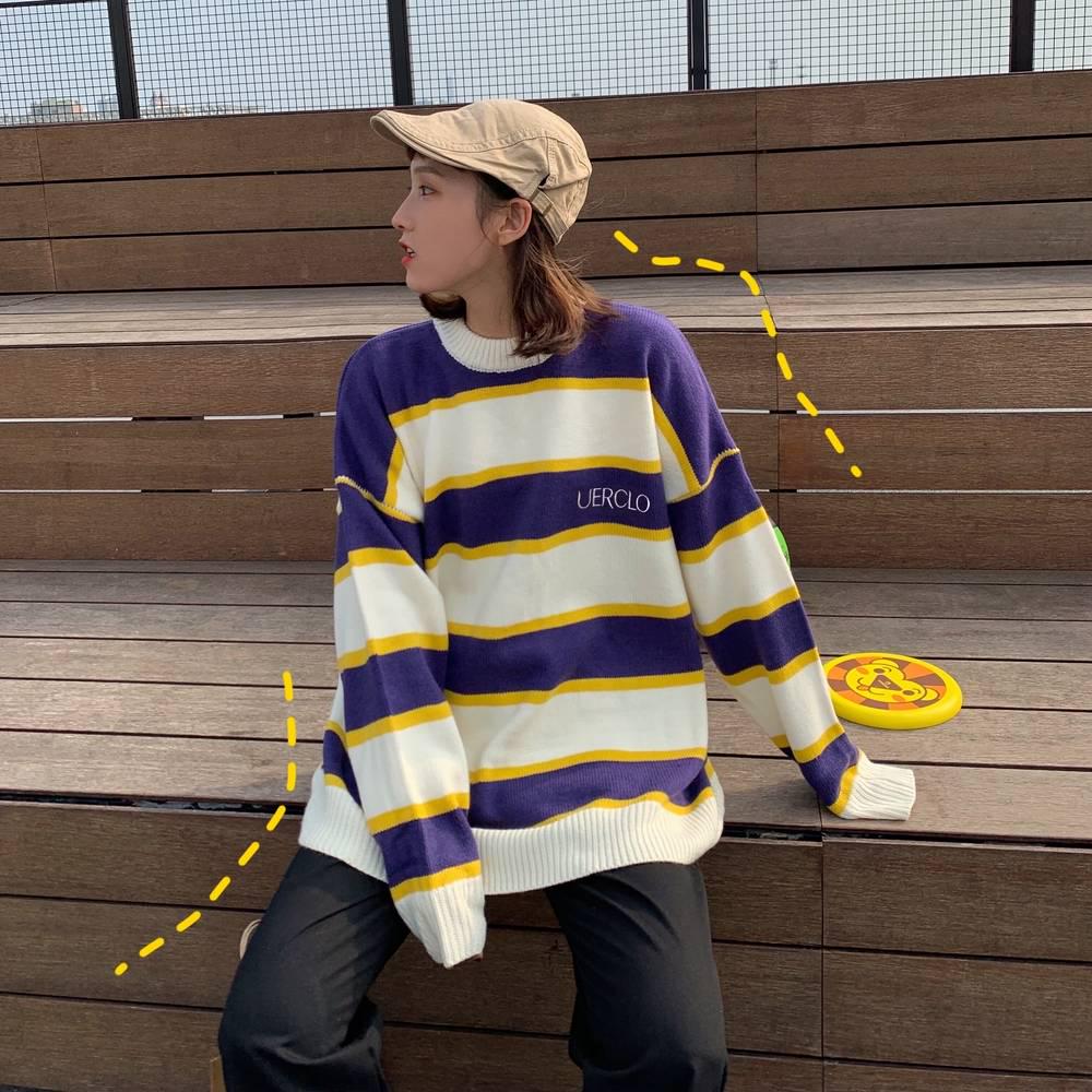 

Pofulove Утолщенный полосатый свитер Женский зимний свободный с буквами Вышитый пуловер Трикотажная куртка