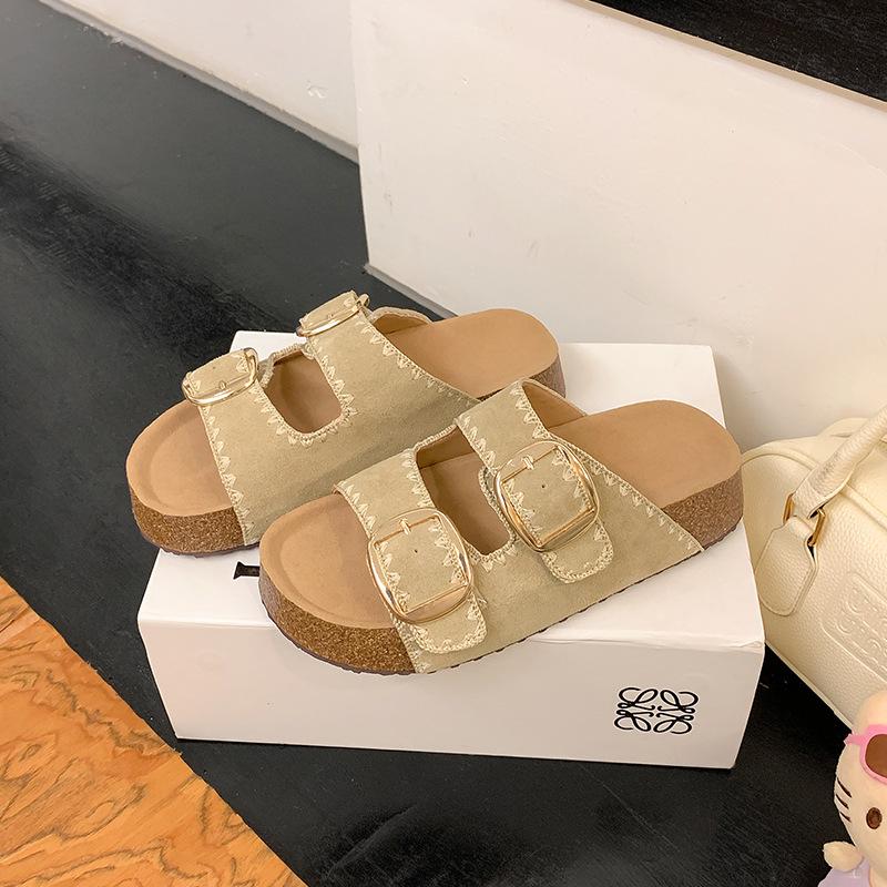 Cowhide version~ thick bottom heightening suture belt buckle outer wear retro one-word cool slippers women's beach slippers